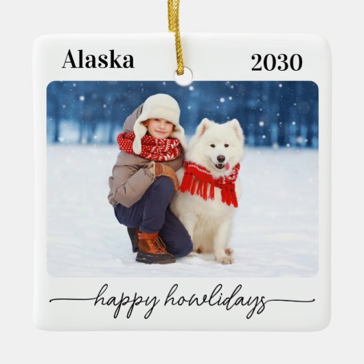 Pet Christmas Happy Howlidays Moderne hondenfoto Keramisch Ornament (Voorkant)