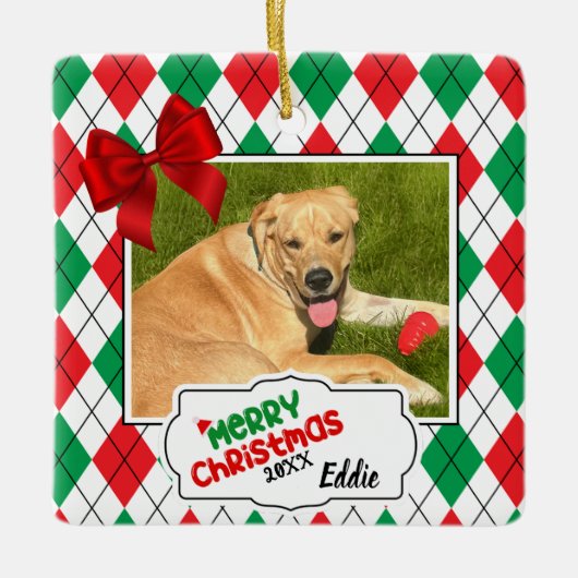 Pet Christmas Tree Ornament - Argyle en bogen. (Voorkant)