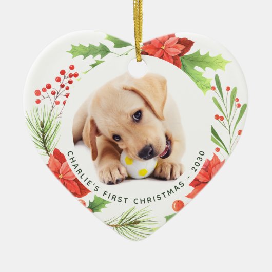Pet Custom 2 Dog Photo Heart met kerstmis Keramisch Ornament (Voorkant)