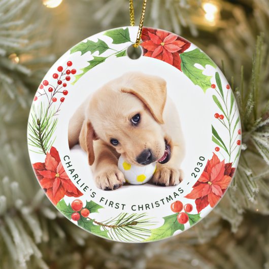 Pet Custom 2 Dog Photo Poinsettia Wreater Kerstmis Keramisch Ornament
