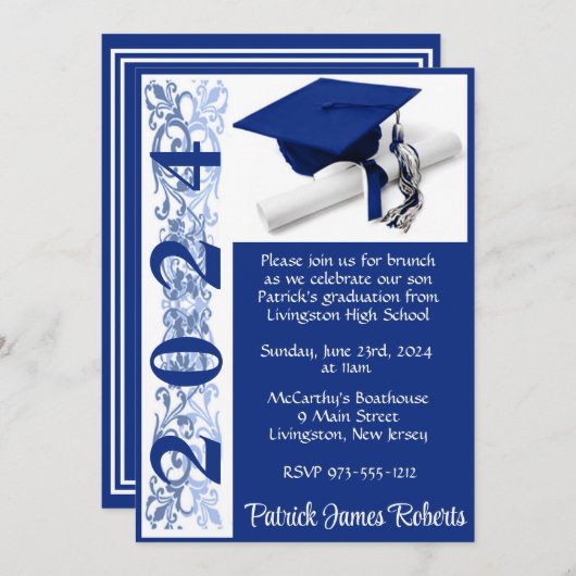 Pet & Diploma 5x7 Blauwe Achtergrond Afstuderen Kaart (Voorkant / Achterkant)