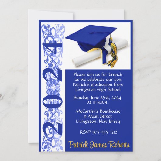 Pet & Diploma 5x7 Royal Blue & Gold Afstuderen Kaart (Voorkant)