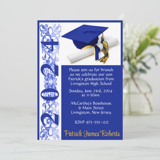 Pet & Diploma 5x7 Royal Blue & Gold Afstuderen Kaart (Staand voorkant)
