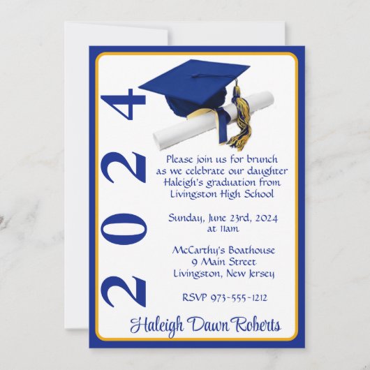 Pet & Diploma 5x7 Royal Blue & Gold Afstuderen Kaart (Voorkant)
