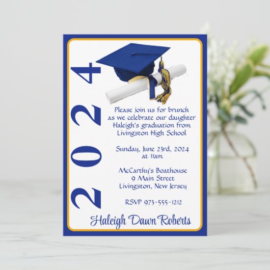Pet & Diploma 5x7 Royal Blue & Gold Afstuderen Kaart (Staand voorkant)