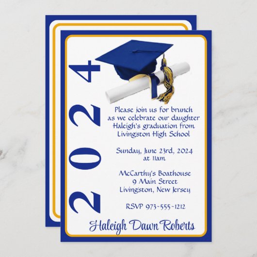 Pet & Diploma 5x7 Royal Blue & Gold Afstuderen Kaart (Voorkant / Achterkant)