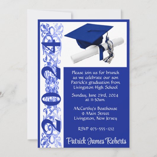 Pet & Diploma 5x7 Royal Blue & White Afstuderen Kaart (Voorkant)