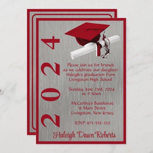 Pet & Diploma 5x7 Scarlet Rood/Zilver Afstuderen Kaart (Voorkant / Achterkant)