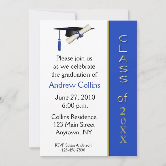 Pet Diploma Blue Gold Afstuderen Uitnodiging (Voorkant)