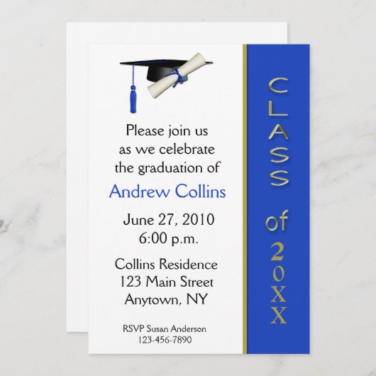 Pet Diploma Blue Gold Afstuderen Uitnodiging (Voorkant / Achterkant)