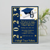 Pet, Diploma en sterren, donkerblauw en goudblauw Folie Uitnodiging (Staand Voorkant)