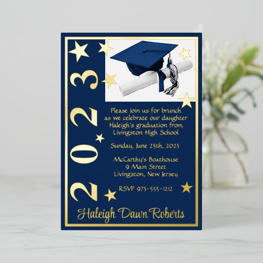 Pet, Diploma en sterren, donkerblauw en goudblauw Folie Uitnodiging (Staand Voorkant)