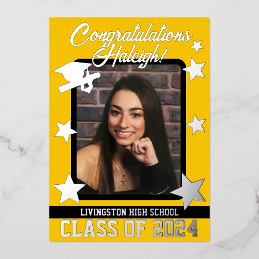 Pet, Diploma en sterren, goud en zwart Afstuderen Folie Uitnodiging (Voorkant)