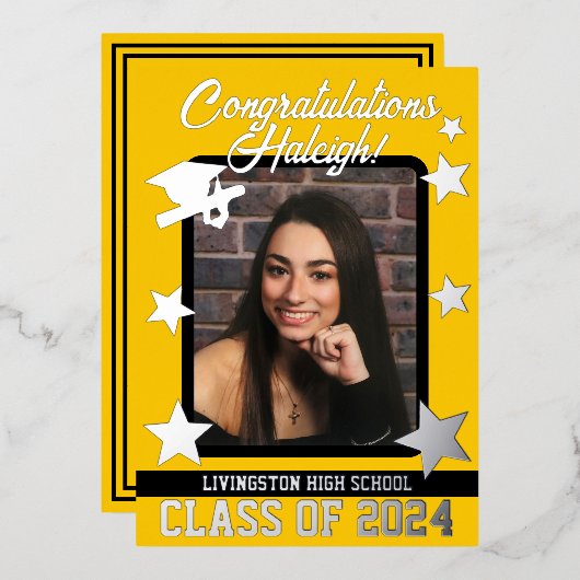 Pet, Diploma en sterren, goud en zwart Afstuderen Folie Uitnodiging (Voorkant / Achterkant)