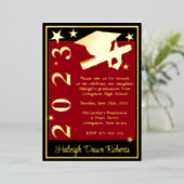 Pet, Diploma en sterren, rood, zwart en goud Folie Uitnodiging (Staand Voorkant)