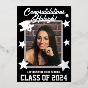 Pet, Diploma en sterren, zwart en zilver Afstudere Folie Uitnodiging