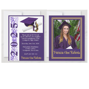 Pet & Diploma Foto, Paarse & Gouden Afstuderen Kaart