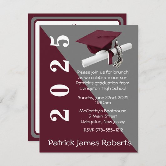 Pet & Diploma, Maroon & Grijs Afstuderen Kaart (Voorkant / Achterkant)