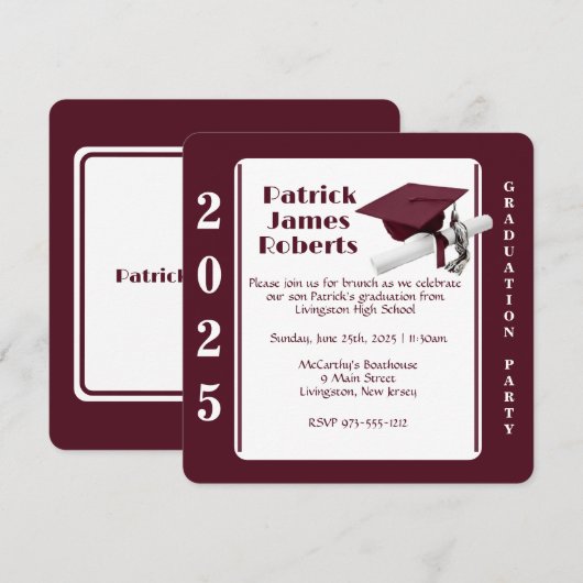 Pet & Diploma, Maroon & Wit Rond Afstuderen Kaart (Voorkant / Achterkant)