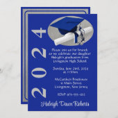 Pet & Diploma Royal Blue Geborsteld Zilver Afstude Kaart (Voorkant / Achterkant)