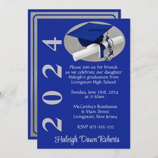 Pet & Diploma Royal Blue Geborsteld Zilver Afstude Kaart (Voorkant / Achterkant)