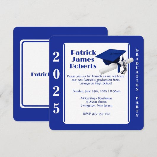 Pet & Diploma, Royal Blue Round Afstuderen Kaart (Voorkant / Achterkant)