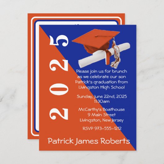 Pet & Diploma, Sinaasappel & Royal Blue Afstuderen Kaart (Voorkant / Achterkant)