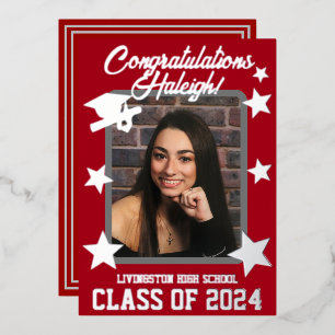 Pet Diploma & Stars Red & Silver Afstuderen Folie Uitnodiging