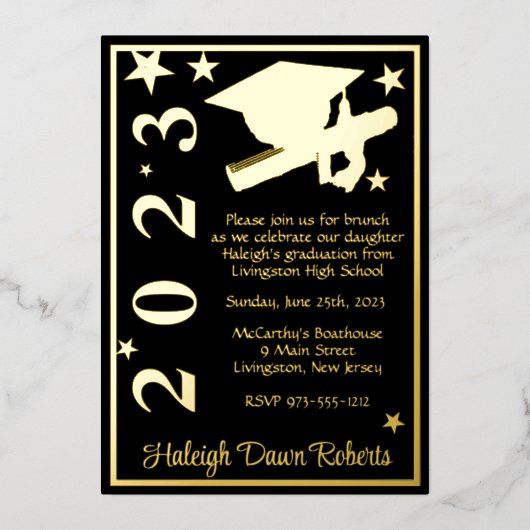 Pet, Diploma, sterren Black & Gold Afstuderen Folie Uitnodiging (Voorkant)