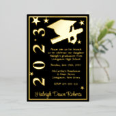 Pet, Diploma, sterren Black & Gold Afstuderen Folie Uitnodiging (Staand Voorkant)
