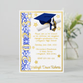 Pet, Diploma & sterren, blauw, wit, Afstuderen Folie Uitnodiging (Staand Voorkant)