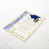 Pet, Diploma & sterren, blauw, wit, Afstuderen Folie Uitnodiging (Gedraaid)