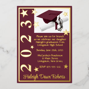 Pet, Diploma & sterren, maroon en wit Afstuderen Folie Uitnodiging