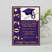 Pet, Diploma & sterren, Paars en goud Afstuderen Folie Uitnodiging (Staand Voorkant)