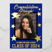 Pet, diploma & sterren, Royal Blue & Gold Afstuder Folie Uitnodiging (Voorkant)