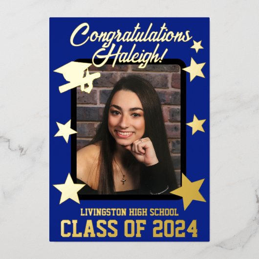 Pet, diploma & sterren, Royal Blue & Gold Afstuder Folie Uitnodiging (Voorkant)