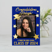 Pet, diploma & sterren, Royal Blue & Gold Afstuder Folie Uitnodiging (Staand Voorkant)