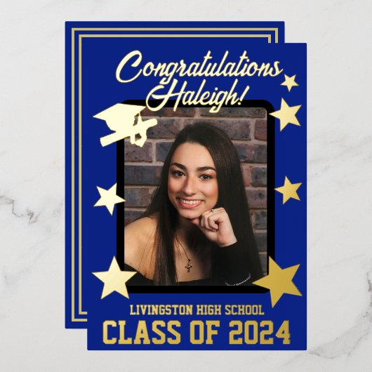 Pet, diploma & sterren, Royal Blue & Gold Afstuder Folie Uitnodiging (Voorkant / Achterkant)