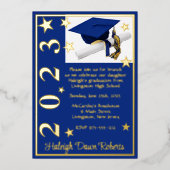 Pet, diploma & sterren, Royal Blue & Gold Afstuder Folie Uitnodiging (Voorkant)
