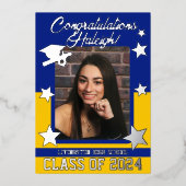 Pet, Diploma, sterren, Royal Blue & Gold Afstudere Folie Uitnodiging (Voorkant)