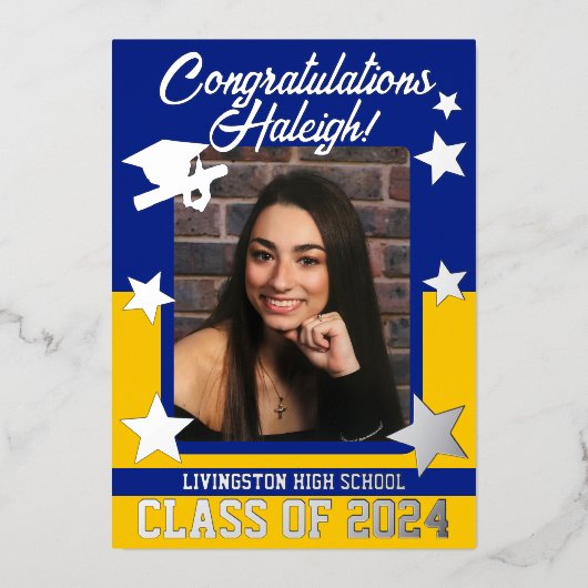 Pet, Diploma, sterren, Royal Blue & Gold Afstudere Folie Uitnodiging (Voorkant)