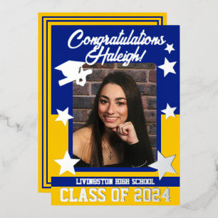 Pet, Diploma, sterren, Royal Blue & Gold Afstudere Folie Uitnodiging