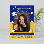 Pet, Diploma, sterren, Royal Blue & Gold Afstudere Folie Uitnodiging (Staand Voorkant)