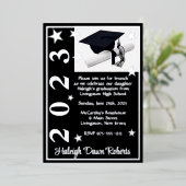 Pet, diplomaat & sterren, zwart & zilver Afstudere Folie Uitnodiging (Staand Voorkant)