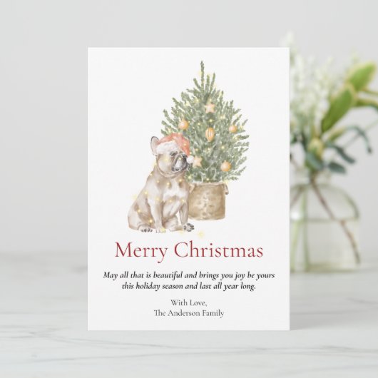 Pet Dog (Bulldog en kerstboom) Feestdagenkaart (Staand voorkant)