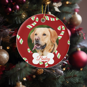 Pet Dog Cat Holiday Pas Foto Candy Cane aan Keramisch Ornament