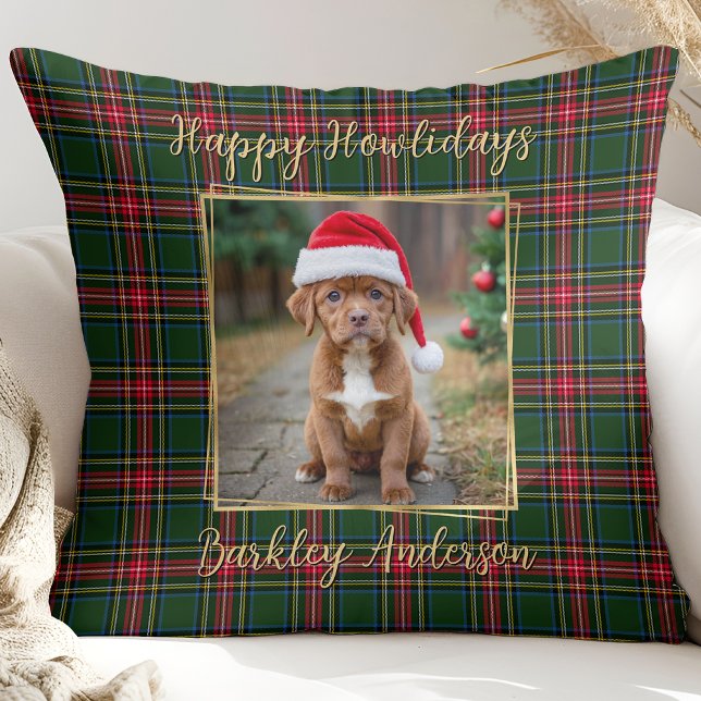 Pet Dog Christmas Plaid Custom Gold Moderne Foto Kussen (Creator heeft geüpload)
