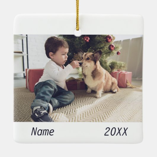 Pet Dog Cute First Kerstfotoscript Keramisch Ornament (Achterkant)