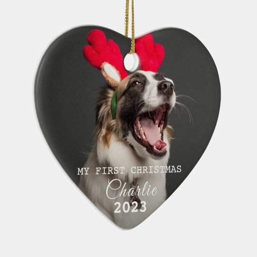 Pet Dog Eerste Kerstmis Foto's Script Ornament (Rechts)