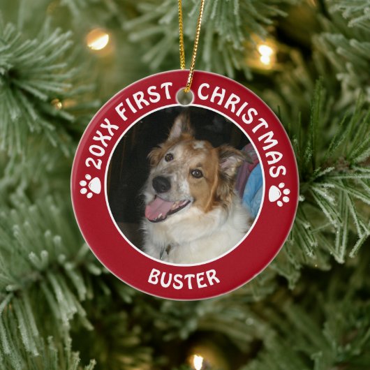 Pet Dog FIRST CHRISTMAS Pawprint Aangepaste kleur Keramisch Ornament (Boom)